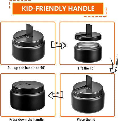 13.5oz Kids Jar for Hot Food, Insulated Vacuum Food Jar with Buckle Lid, Stainless Steel Wide Mouth Leak Proof Insulated Lunch Container for School Picnic Travel, Black