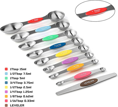 Magnetic Measuring Cups and Spoons Set of 17 Stainless Steel Measuring Cups & Double Sided Magnetic Measuring Spoons with 1 Leveler for Dry and Liquid Ingredients