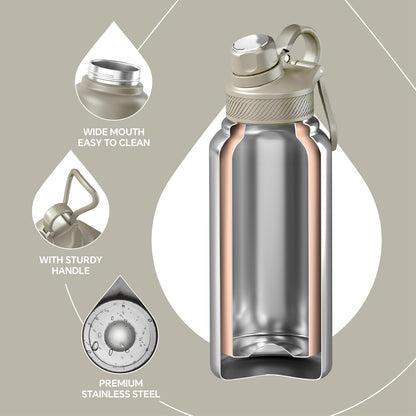 IDEUS Insulated Stainless Steel Water Bottle with 2 Leak-Proof Lids, Thermal Water Flask for Hiking Biking, 32oz, Celadon