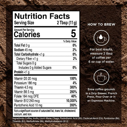 VitaCup Focus Mushroom Coffee Grounds, with Lions Mane, Chaga, B Vitamins, D3, Boost Focus, Immunity, Memory & Clarity, Medium Dark Roast, Bold & Smooth 100% Arabica Specialty, 6 bags, 10oz each