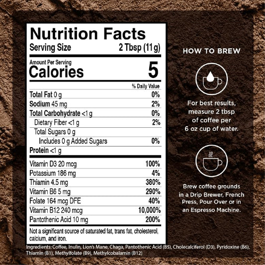 VitaCup Focus Mushroom Coffee Grounds, with Lions Mane, Chaga, B Vitamins, D3, Boost Focus, Immunity, Memory & Clarity, Medium Dark Roast, Bold & Smooth 100% Arabica Specialty, 6 bags, 10oz each