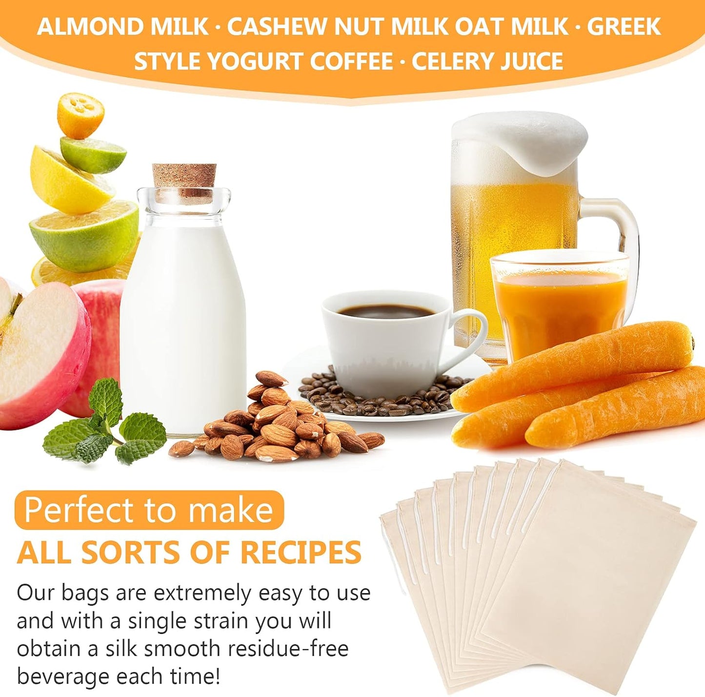 10 Pack Nut Milk Bag, 8‘’ x 10‘’Fine Mesh Grade Reusable Cheesecloth Bags Strainers, Unbleached Organic Cotton Filter Bags for Almond Milk, Juices, ColdBrew, Cheese, Tea, Yogurt, Coffee