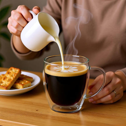 Set of 4 Double Walled Glass Coffee Mugs with Handles, 12oz Clear Coffee Mugs for Hot/Cold Beverages, Insulated Borosilicate Glass Cups for Cappuccino, Espresso, Latte, Tea, Milk, Microwave Safe