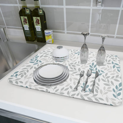 Dish Drying Mats for Kitchen Counter 16x18inch，Grey and Blue Leaves branches Dish Drying Mat for Kitchen Dishes Pad Dish Drainer Rack Mats Absorbent Fast Dry Kitchen Accessories