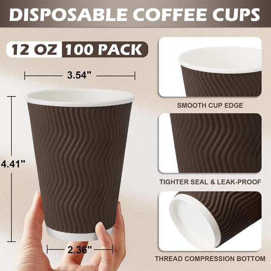 12 oz Coffee Cups Disposable, 100 Count Insulated Paper Coffee Cups, Corrugated Ripple Wall Design Paper Cup, Hot Cold Drinking Cup for Party, Picnic, Travel, Business, Home
