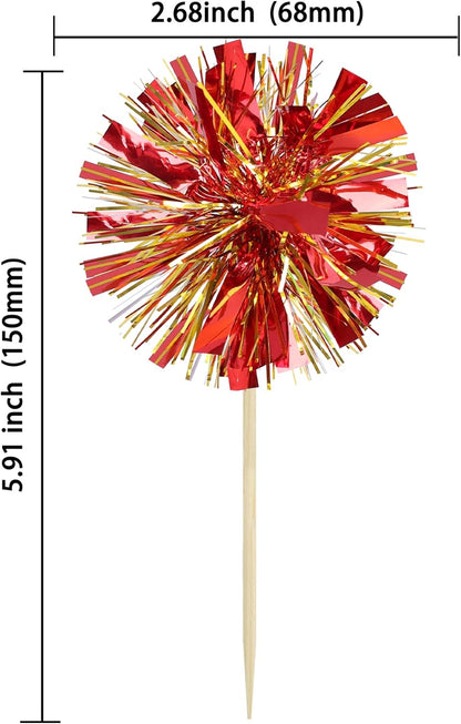 Ephlyn 30Pcs Foil Firework Cupcake Toppers Sparkle Tinsel Drink Birthday Cake Decorations Cocktail Food Fruit Toothpick for New Years Wedding Birthday Party Decorations Gold Red