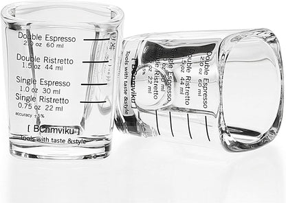 BCnmviku Espresso Shot Glasses Measuring Cup Liquid Heavy Glass for Baristas 2oz for Single Shot of Ristrettos (2 pack)