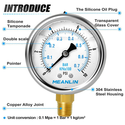 MEANLIN MEASURE 0~10Psi Stainless Steel 1/4" NPT 2.5" FACE DIAL,Liquid Filled Pressure Gauge,WOG Water Oil Air Lower Mount (Pack of 2), with 1/4" x 1/2" NPT and 1/4" x 3/8" NPT Hex Bushing