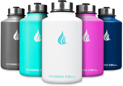 HYDRO CELL Stainless Steel Insulated Water Bottle with Straw - For Cold & Hot Drinks - Metal Vacuum Flask with Screw Cap and Modern Leakproof Sport Thermos for Adults (White 64oz)