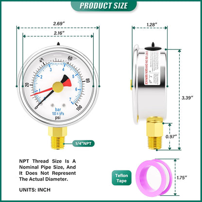 0-100PSI Stainless Steel with Reset Pointer Liquid Filled Pressure Gauge, 2.5" Dial Size, 1/4" NPT Lower Mount, for Tube, Water Pump, Gas, Liquid, Pressure Test