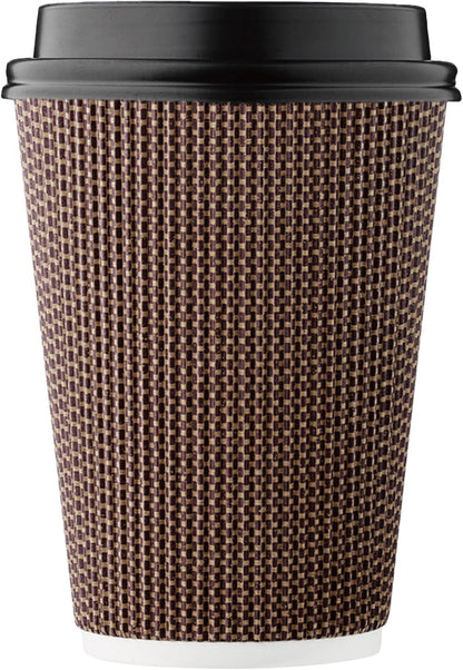 [100 SET]Harvest Pack 12 oz Disposable Coffee Cups, Insulated Ripple Double-Walled Paper Cups with Lids, Brown Geometric, Leak-Proof Drinking Cups for Tea Hot Chocolate Drinks To go coffee cups