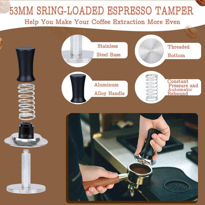 53mm Espresso Tamper Set - Spring-loaded Coffee Tamper, Adjustable Depth Espresso Distributor Leveler, Magnetic Dosing Funnel Aluminum Metal, Reusable Puck Screen, Fit for 53mm Portafilters