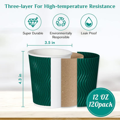 MUCHII 12 oz Paper Coffee Cups, 120 Count Multicolor Disposable Insulated Ripple Paper Cups for Tea Hot Chocolate