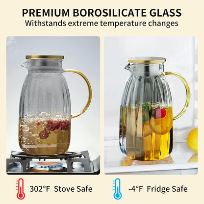 68OZ Glass Pitcher with Lid and Spout, Water Jug, 2000ml Carafe for Hot/Cold Water, Large Iced Tea Pitcher for Coffee, Juice and Homemade Beverage