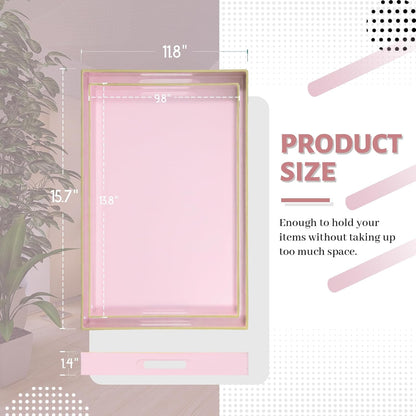 MAONAME Pink Serving Tray Set of 2, Plastic Decorative Trays with Handles, Rectangular Coffee Table Tray for Ottoman, Nesting Trays for Living Room, Bedroom