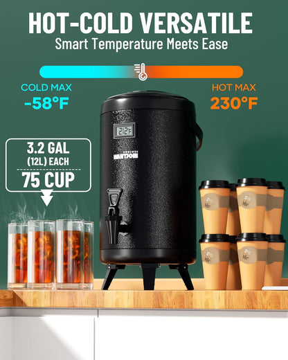 WantJoin Insulated Beverage Dispenser - Thermal 12L/3.2Gal Stainless Steel Hot & Cold Drink Dispenser with Spigot for Tea, Coffee, Milk, Water & Juice (Black)