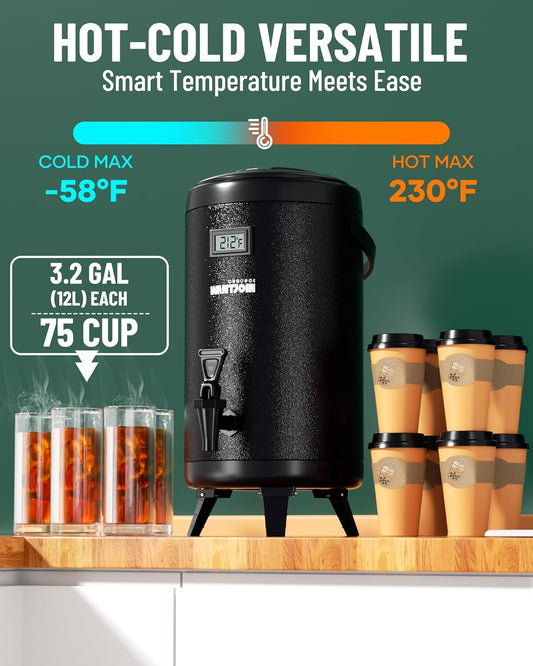 WantJoin Insulated Beverage Dispenser - Thermal 12L/3.2Gal Stainless Steel Hot & Cold Drink Dispenser with Spigot for Tea, Coffee, Milk, Water & Juice (Black)