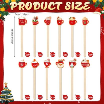 Jinei 120 Pcs Christmas Hot Chocolate Cup Coffee Stir Sticks Natural Wooden Disposable Drink Stirrers for Hot Chocolate Milkshake Cocktail Restaurant Home Office