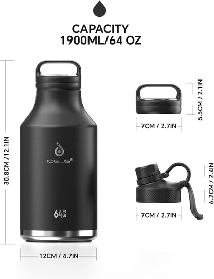 IDEUS Insulated Stainless Steel Water Bottle with 2 Leak-Proof Lids, Thermal Water Flask for Hiking Biking, 64oz, Black