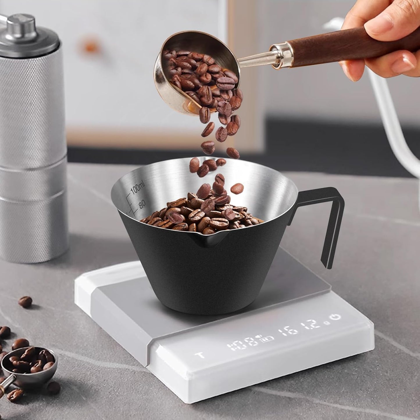 1Pc Stainless Steel Espresso Cups, Double Spout Metal Measuring Cup with Dual Scale, Espresso Shots Cup with Handle, 3.4oz/100ml