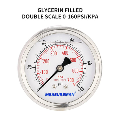 MEASUREMAN 2-1/2inch Dial Size, Glycerin Filled Pressure Gauge, 0-100psi/kpa, 304 Stainless Steel Case, 1/4 Inch NPT Center Back Mount