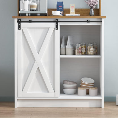 4ever2buy Farmhouse Coffee Bar Cabinet with Storage, White Coffee Bar with Hutch and 6 Hooks, 31.5 Inch Hutch Cabinet with Sliding Barn Door and Adjustable Shelves for Living Room