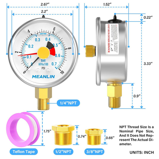 MEANLIN MEASURE 0~10Psi Stainless Steel 1/4" NPT 2.5" FACE DIAL with Reset Pointer Liquid Filled Pressure Gauge WOG Water Oil Air, Lower Mount, with Brass Hex Bushing