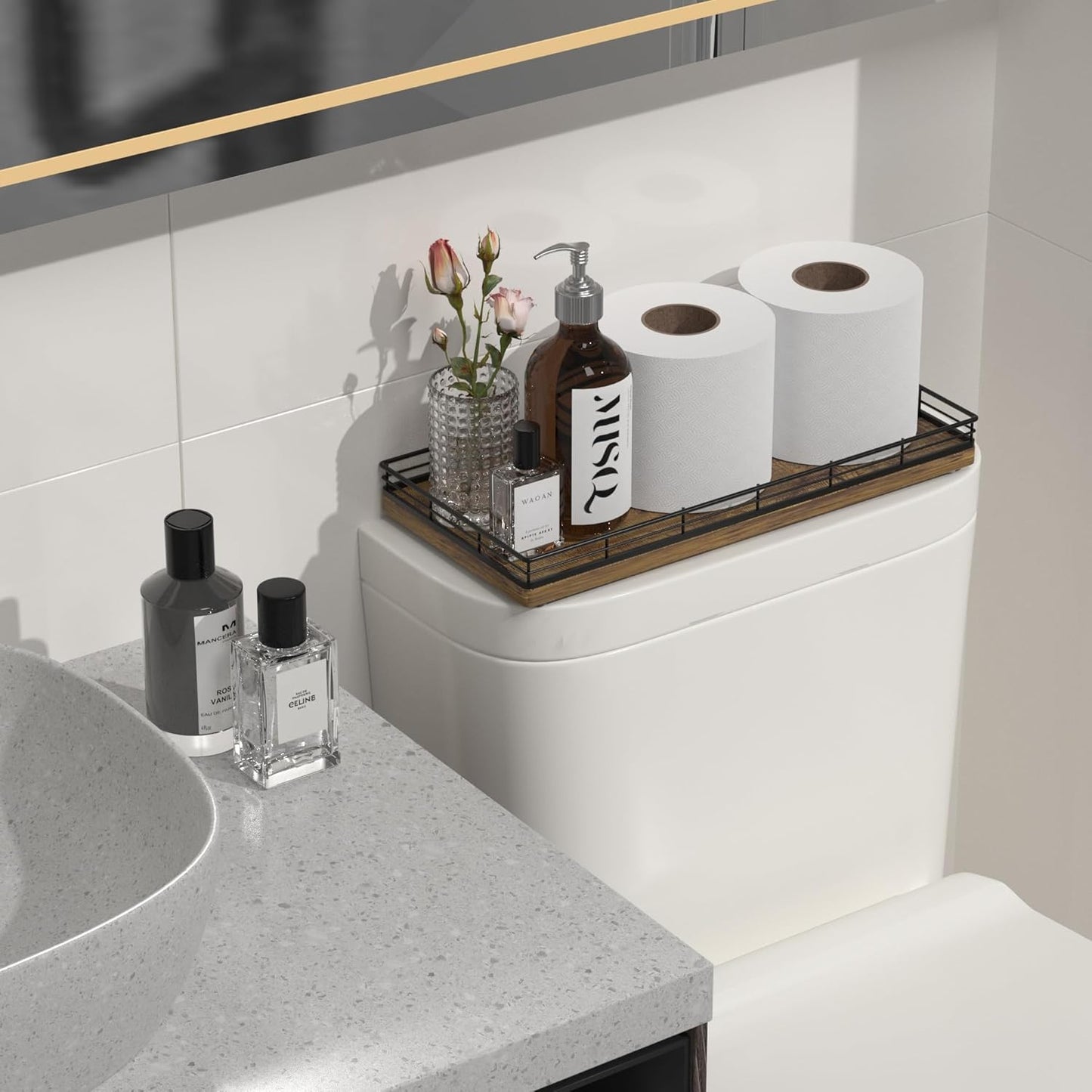 Bathroom Toilet Tank Tray, 13" Wood Storage Basket Back of Toilet Basket Organizer, Vanity Tray for Perfume Makeup Candle Kitchen Counter Coffee Table Bar Decor Rustic