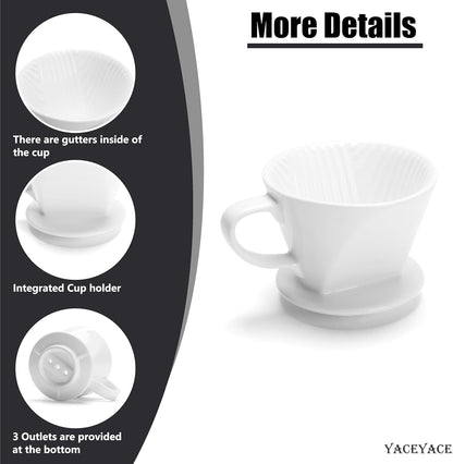 Pour Over Coffee Maker, Single White Ceramic Pour Over with 3 Holes, Medium Coffee Dripper for Shop, Home, Office and Bar