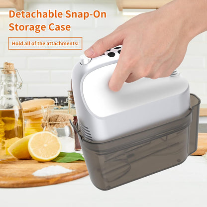 9-Speed Digital Hand Mixer Electric, 400W Powerful DC Motor, Baking Mixer Handheld with Snap-On Storage Case, 5 Stainless Steel Accessories, Flat Beaters, Dough Hooks, Whisk (Silvery & White)
