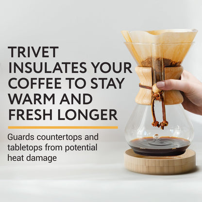 IMPRESA Coffee Pot Cover & Wooden Trivet Set - Chemex Compatible 6-Cup, 8-Cup Pour Over Carafe - Glass Maker Stand & Chemex Style Lid for Pour Over Coffee Systems