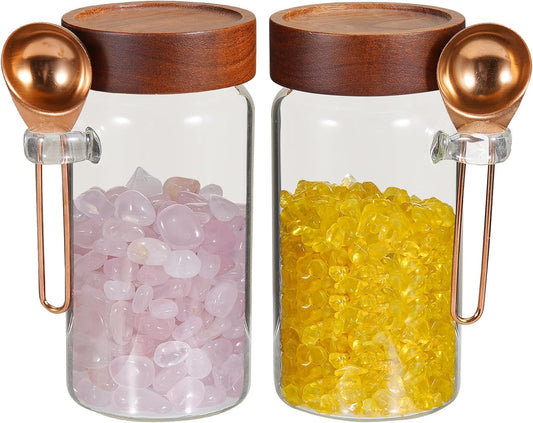 Glass Jars with Spoons Sugar Coffee Canister Round Glass Food Storage Jar for Spice Pantry Tea Coffee Bean Salt (2×550ml(18oz))