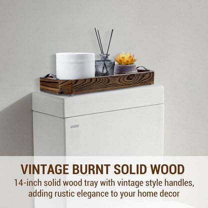 MyGift Wooden Vanity Tray, Rustic Burnt Solid Wood Toilet Tank Tray - Decorative Octagonal Cosmetic Organizer with Antique Metal Handles