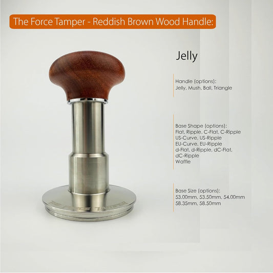 The Force Tamper Automatic Impact Adjustable Constant Pressure and Autoleveling Coffee Tamper Reddish Brown Jellyfish Wooden Handle Set Pro (Full-Set, 58.50mm)