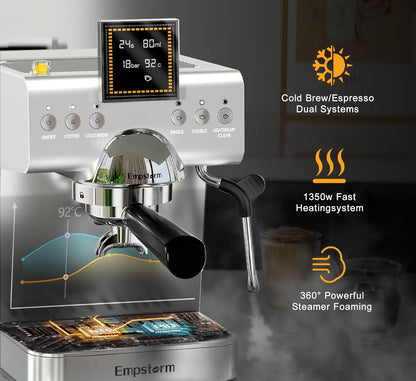 Espresso Machine 20 Bar with Steam Milk Frother, Stainless Steel Espresso maker with LED Display | Cold Brew & Hot Coffee Maker, Professional Cappuccino Expresso Machine for Home and Office