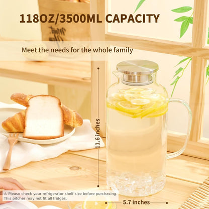 Glass Pitcher, 3.5L/118 oz Glass Water Pitcher with Lid and Spout, Heat/Cold Resistant Borosilicate Glass Water Carafe for Coffee, Juice and Homemade Beverage