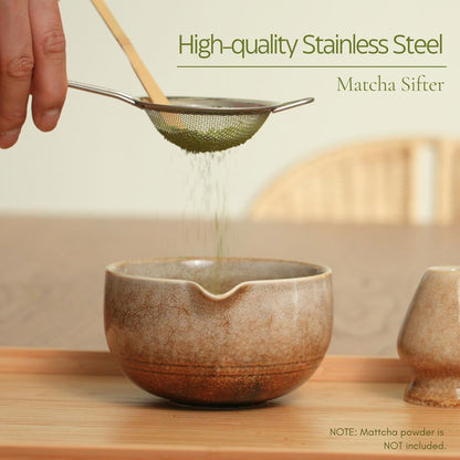 Matcha Whisk Set, Matcha Set, Handcrafted Bamboo Chasen & Ceramic Bowl Matcha Kit, 5 Pcs Matcha Set Whisk and Bowl with Stainless Steel Sifter, Bamboo Scoop & Holder for Matcha Tea Ceremony,Taupe