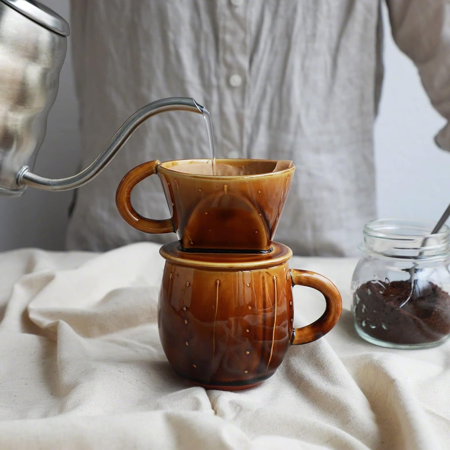 Asayu Japan Ceramic Coffee Pour Over Maker Set in Caramel, Slow Brewing Paper Filter Holder and Dripper with 3 Holes for Coffee and Tea - Coffee Dripper Cone