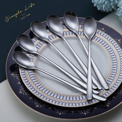 Premium Stainless Steel Coffee Stirrer Set, Long Handle, Ice Tea & Cream Spoons, Cocktail Stirrer - Set of 6 (Silver)