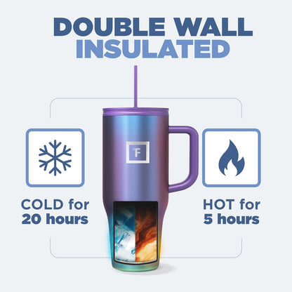 IRON °FLASK Co-Pilot Insulated Mug w/Straw & Flip Cap Lids - Cup Holder Bottle for Hot, Cold Drink - Leak-Proof - Water, Coffee Portable Travel Mug - Dark Rainbow, 32 Oz