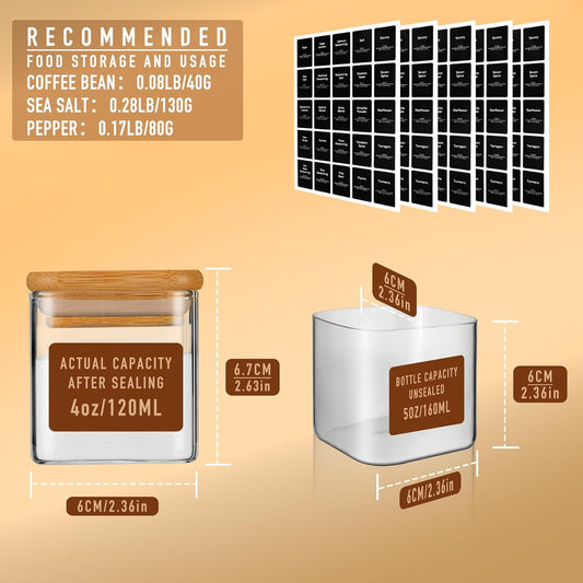 5oz Airtight Square Spice Containers with Bamboo Lid Set of 12 with Black Lables Storage Stackable Spice Jar, Kitchen Canister for Sugar, Tea, Flour, Salt and Seasonings (‎Clear Glass)