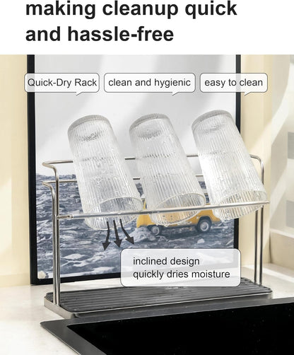 Stainless Steel Cup & Water Bottle Drying Rack with Removable Drip Tray, 2-Tier Space-Saving Mug Holder for Kitchen Countertop, Durable Rust-Resistant Cup Organizer for Coffee Mugs, Glasses, Tumblers