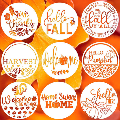 Fall Stencils for Painting on Wood 12”,Thanksgiving Stencil Round Hello Pumpkin Stencils Give Thanks Drawing Templates for Door Porch Hanger Fall Wreath Home Decor