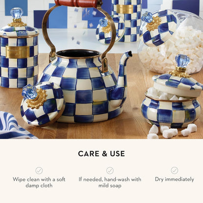 MACKENZIE-CHILDS Enamel Squashed Pot, Cute Enameled Container with Lid, 20 Ounces, Blue-and-White Royal Check