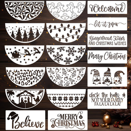 Christmas Stencils for Painting on Wood 12” Christmas Stencils for Crafts Reusable Holiday Doormat Stencil for Porch Hanger Fabrics Decor(Xmas Half RD Stencil 05/18P)