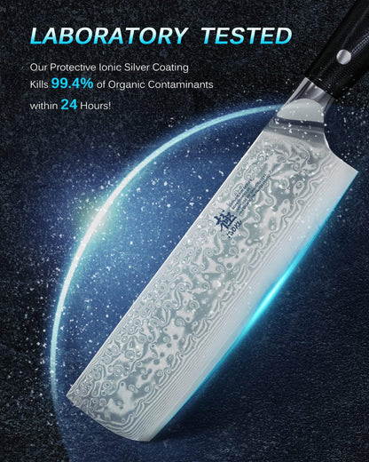 KYOKU Gin Series Nakiri Knife, 7" Vegetable Knife, Japanese VG10 Damascus Stainless Steel Kitchen Knife with Silver Ion Blade G10 Handle & Mosaic Pin, Professional Chef Knife for Veg Fruit Meat