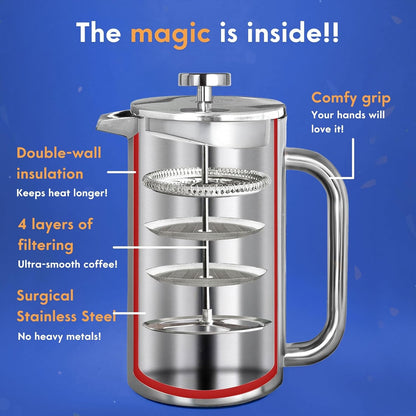 Ziruma Non-Toxic French Press, Surgical Stainless Steel Coffee Press, Plastic-Free, Heavy Metal-Free, No Endocrine Disruptors, 34 Oz, Double Wall, 4-Layer Filter, Portable Coffee Maker