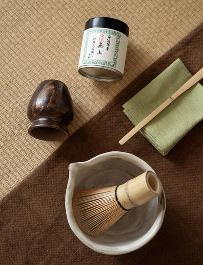 6-pcs Japanese Matcha Whisk Set with Handmade Wabi-Sabi Ceramic Bowl(Chawan),Bamboo Chasen, Whisk Holder, Scoop, Sifter & Tea Towel,Matcha Ceremony Kit,(Silent taupe)