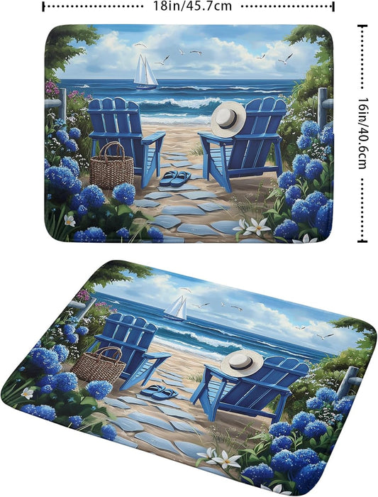 Summer Beach Chairs Dish Drying Mat Sea Wave Blue Floral Drying Mat fo Kitchen Counter 16”x18” Absorbent Reversible Kitchen Mat Non-Slip Ocean Themed Dish Drainer Rack Mat for Countertop Coffee Bar