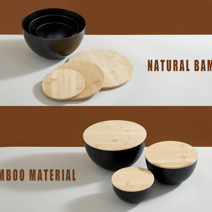 JOYMAY Salad Bowls, Mixing Bowl Salad Bowl Set, Natural Bamboo Fiber Serving Bowl Set of 3 with Bamboo Wood Lid, Nesting Bowls for Salads,Pastas(Black,10",8",6")